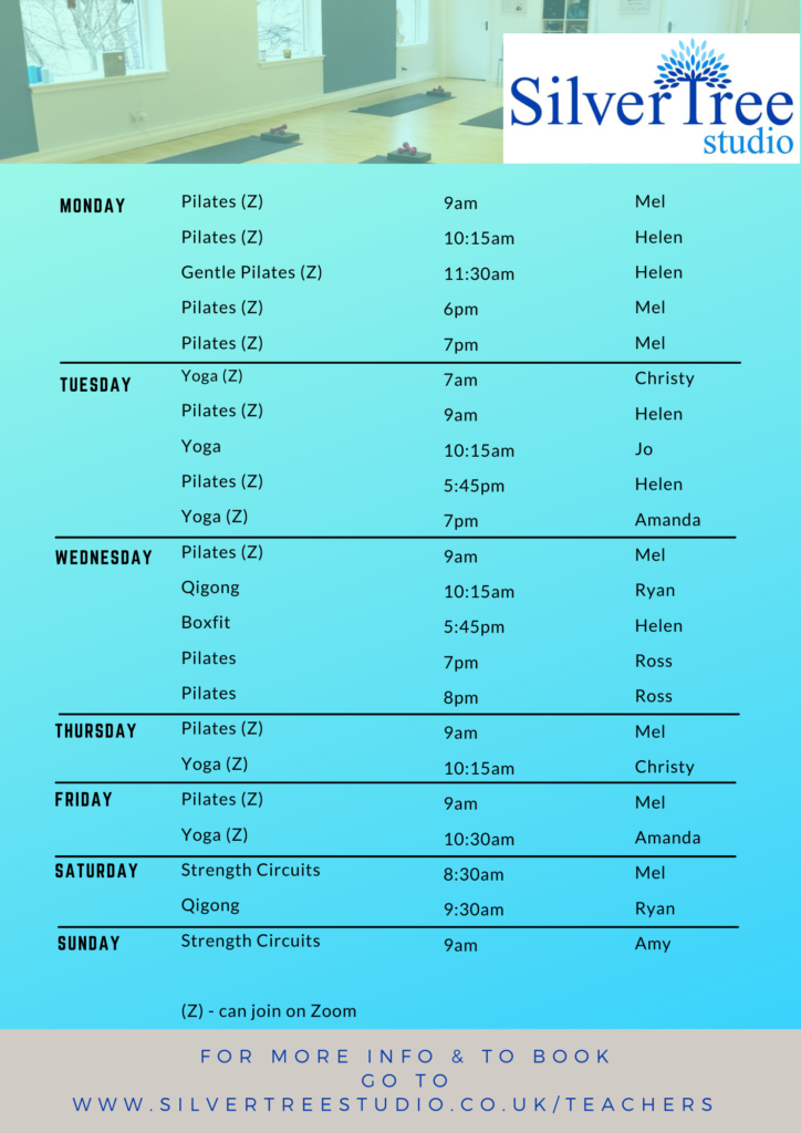 Classes timetable at Silver Tree Studio Qigong Pilates Yoga Strength Circuits Boxfit