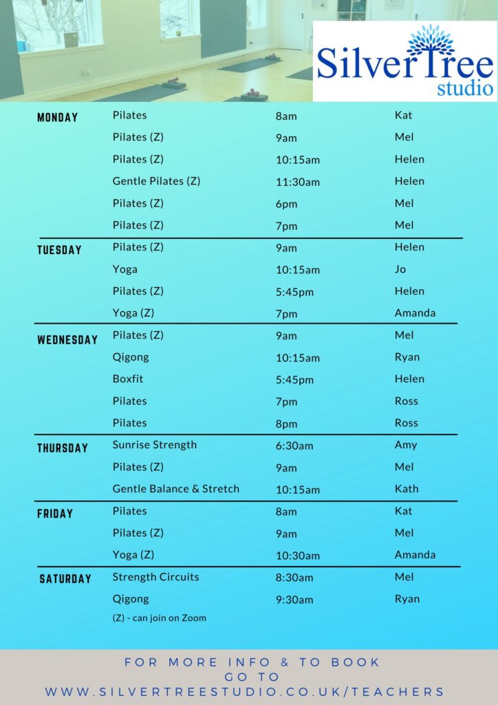 Classes timetable at Silver Tree Studio Qigong Pilates Yoga Strength Circuits Boxfit