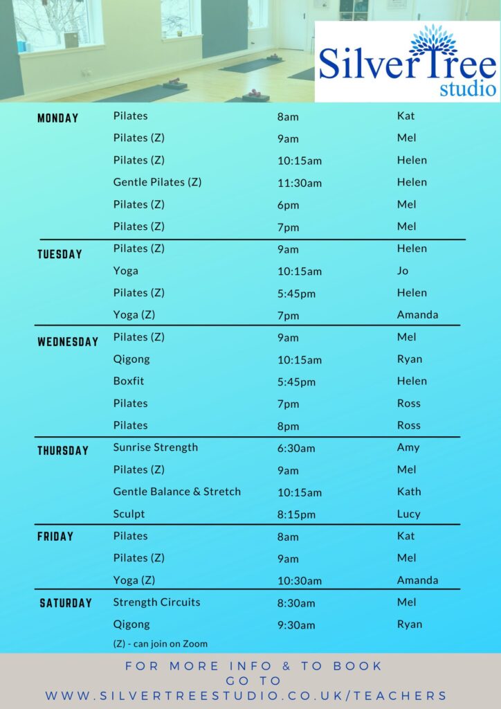 Classes at Silver Tree Studio Autumn 26 timetable yoga pilates qigong circuits